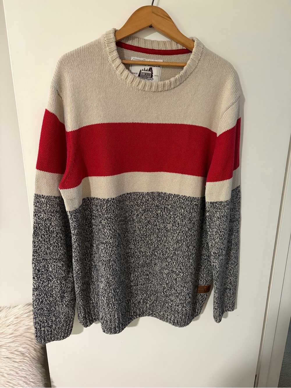 Authentic Men's Roots Cabin Crewneck Stripe Sweater in Cream, Red & Gray